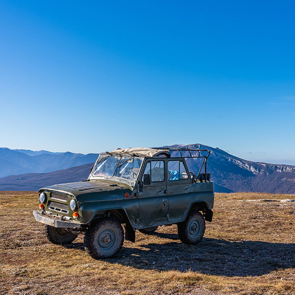 Antique Russian off-road car on top of Mount Demerdzhi